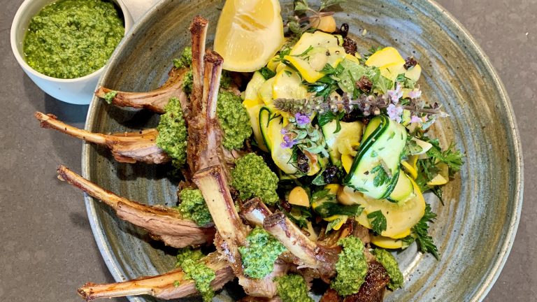 Roasted Rack of Lamb, Bauple Nut Salsa Verde, Zucchini Salad