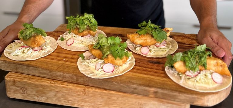 Beer Battered Fish Tacos with Green Salsa