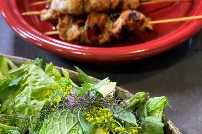 Hellenic Marinated Chicken Skewers, Summer Vegetable Salad, Lemon & Feta Dressing